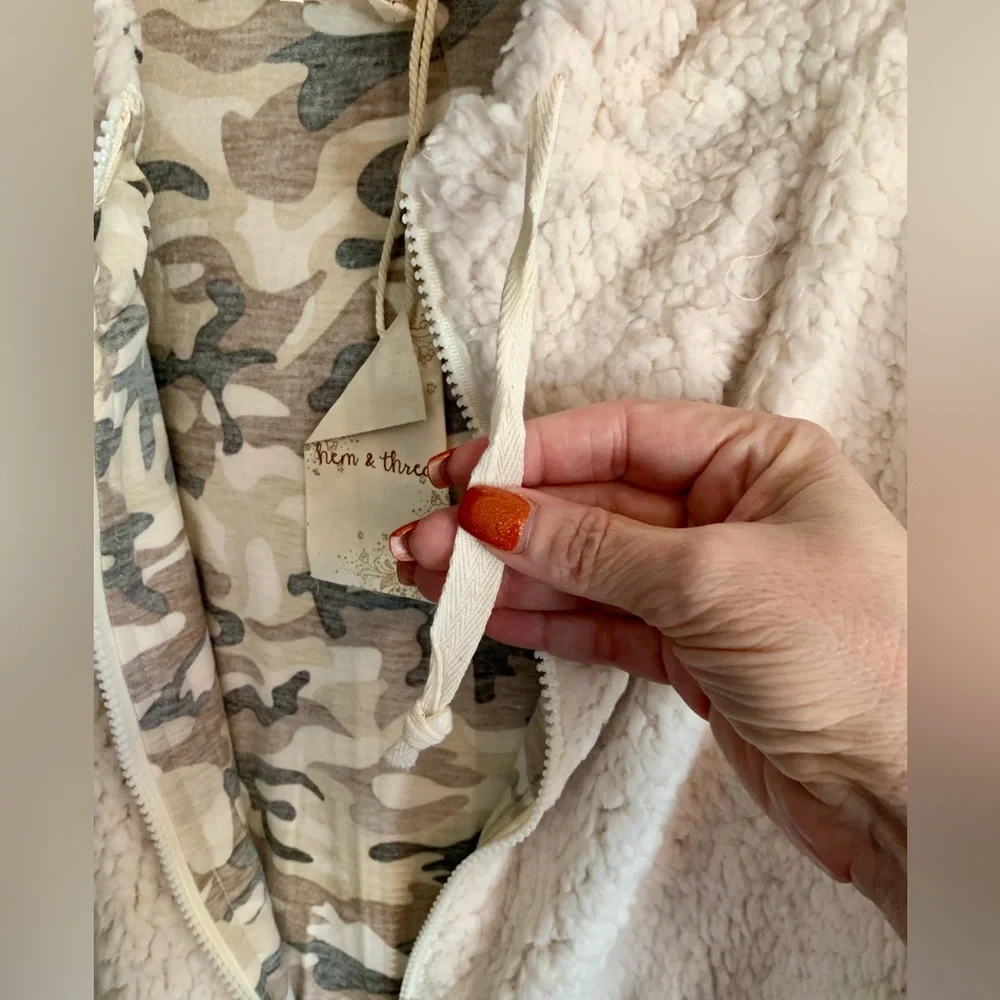 Sherpa Style Zip Hoodie Jacket with Camo Interior from Hem & Thread